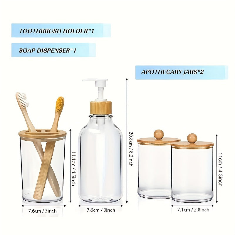 Juego de 4 Accesorios para Baño, Dispensador de Jabón, Portacepillos, 2 Tarros para Hisopos, Decoración Rústica Boho, Set Marrón