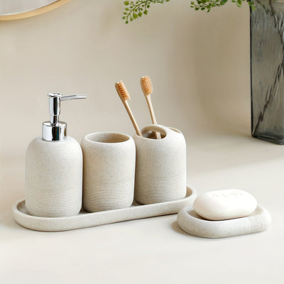 Juego de baño de 5 piezas: dispensador de jabón, taza para enjuague bucal, soporte para cepillos de dientes, jabonera, bandeja con patrón de arenisca amarilla