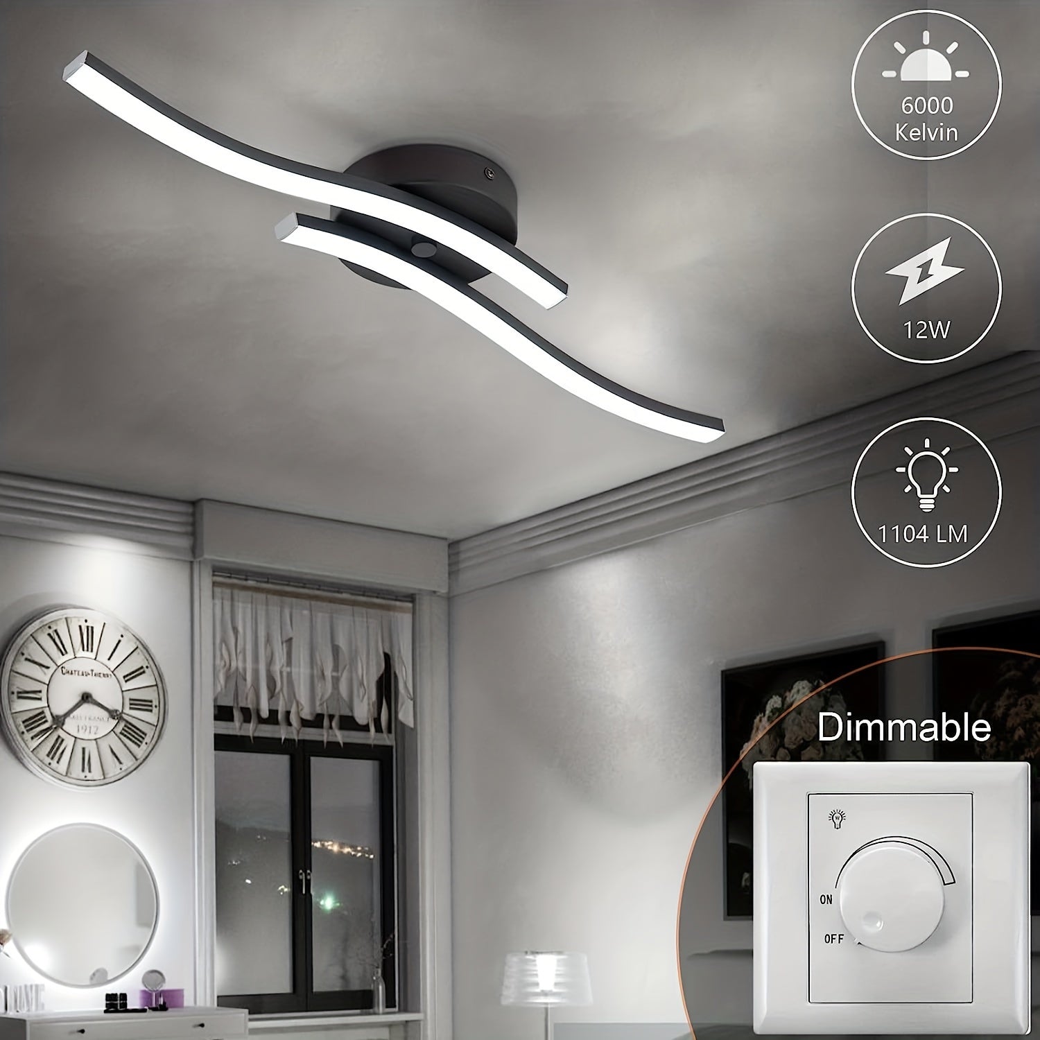 Luces de Techo LED, Diseño Moderno de Luces Curvas para Techo, 2 Barras de Luz LED Integradas con Cambio de Color CCT-3 por Interruptor de Pared 3000K/4000K/6000K para Sala de Estar, Dormitorio, Cocina y Pasillo
