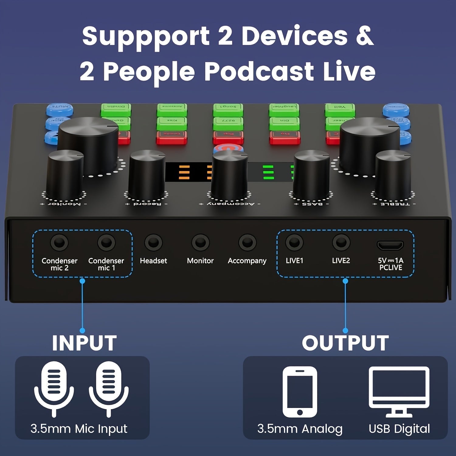 Kit de podcast para 2 personas con micrófono de condensador transformador, interfaz de audio y mezclador integrado - Ideal para gamers, transmisiones en vivo y canto, color negro, batería de litio recargable, conexión USB dual, equipo de audio para gamin