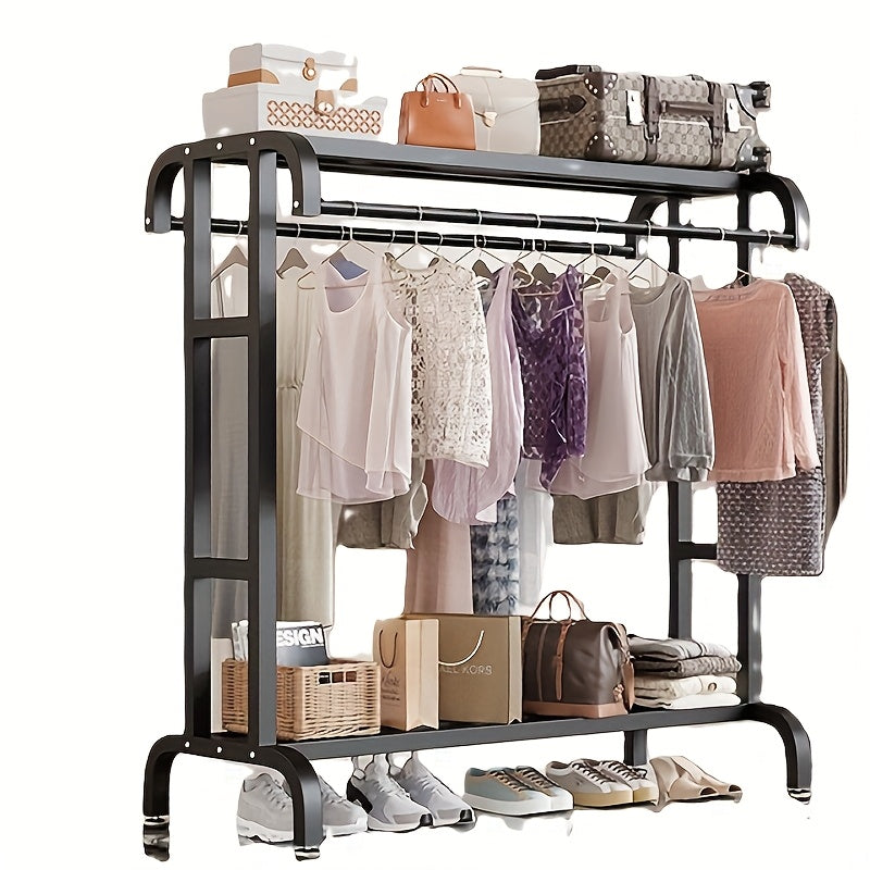 Perchero resistente con ruedas, estante de doble barra metálica negra robusto, perchero independiente con estantería y zapatero, ideal para colocar cajas, zapatos, botas, perfecto para dormitorios, hogares, oficinas, uso interior - , Secadores