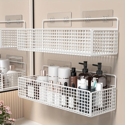Organizador de pared metálico sin taladro - Estantes rústicos con diseño de rejilla para toallas, artículos de baño y papel higiénico, metal duradero resistente al óxido, fácil instalación, accesorios de baño seguros para la salud