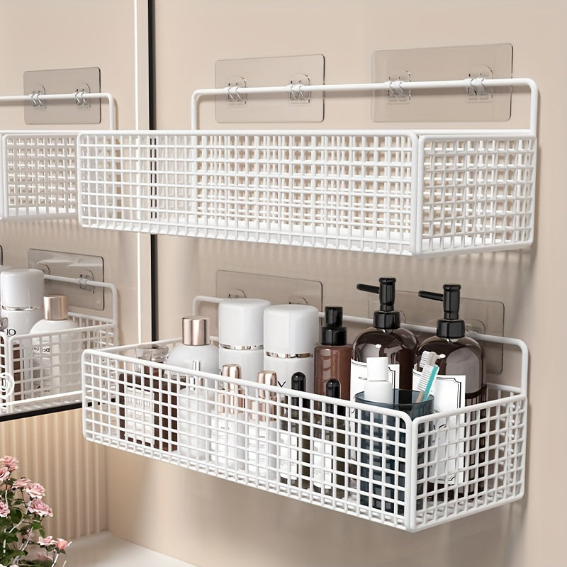Organizador de pared metálico sin taladro - Estantes rústicos con diseño de rejilla para toallas, artículos de baño y papel higiénico, metal duradero resistente al óxido, fácil instalación, accesorios de baño seguros para la salud