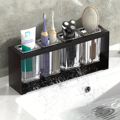 Organizador de Baño Multifuncional Negro Elegante con Drenaje - Portacepillos de Dientes y Pasta Dental Eléctrico, Vasos con Filtro de Agua Incorporados, Construcción Duradera de Hierro Forjado, Ideal para Baños Modernos, Decoración y Accesorios de Baño