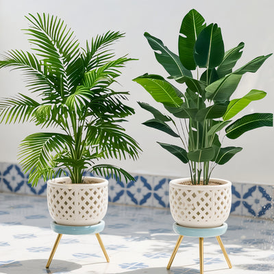 2 piezas de palmera artificial grande con hojas verdes realistas y de alta calidad, juego de árboles de plátano - Vegetación tropical para uso en interiores/exteriores | Ideal para hogar, sala de estar, jardín, patio, alberca, fiestas y celebraciones (Na
