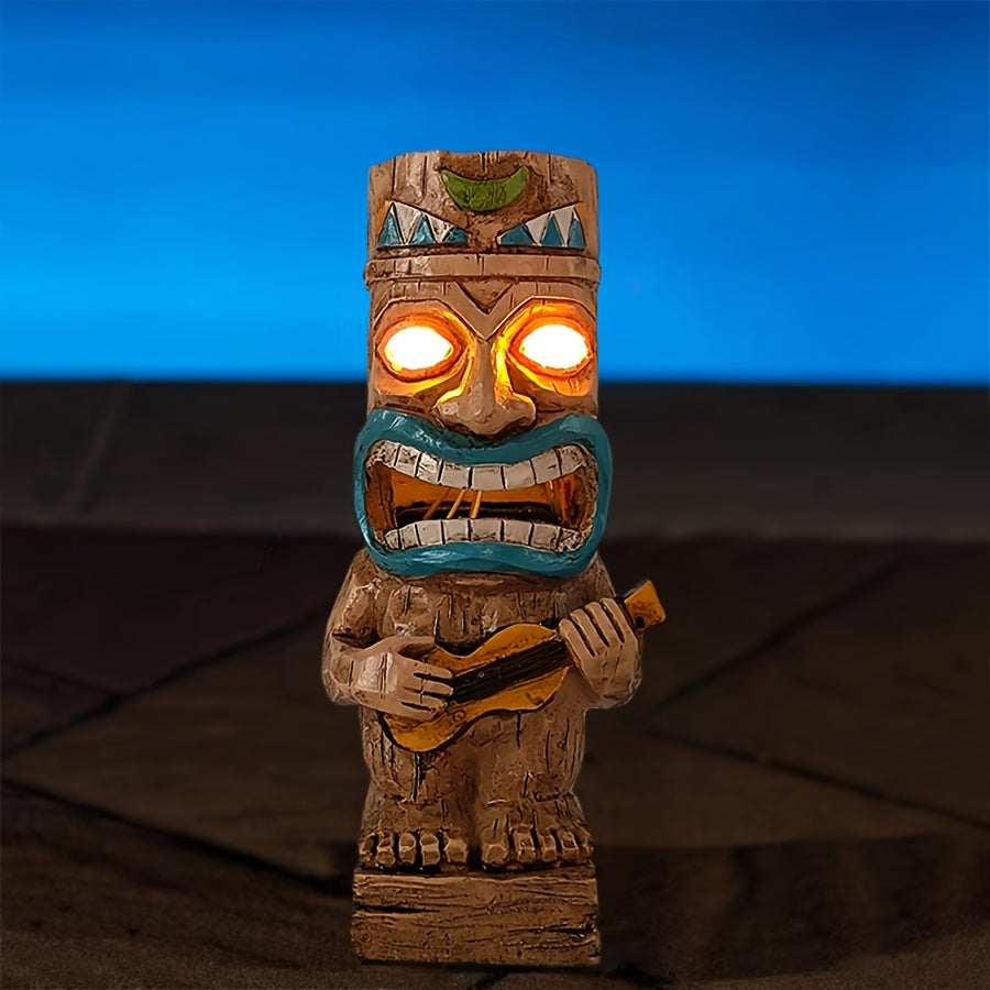 1pieza Estatua de Tiki Luces Solares Decoración Exterior, Decoración de Tiki Totem para Fiesta Hawaiana, Material de Resina Solar Hawaiano para Decoración Tropical de Tiki, Ideal para Patio, Balcón, Jardín, Césped, Decoración de Bar - Regalo para Amigos