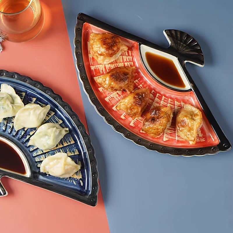 Plato de sushi de cerámica estilo japonés con plato para salsa - Negro y azul, dividido para sushi, dumplings y más - Perfecto para exhibir delicatessen japonesas en casa o en restaurantes, plato de sushi para restaurantes.