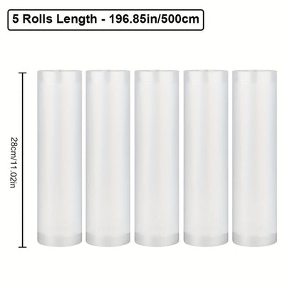 5-Pack 5.0 metros Bolsas de sellado al vacío sin BPA, Material PE+PA, Uso único, Compatible con la mayoría de los selladores para almacenamiento de alimentos, conservación de frescura, cocción a baja temperatura, preparación de comidas, compra en mayor -