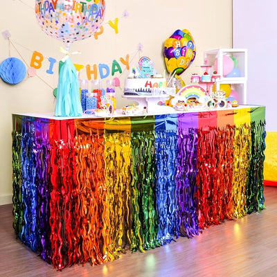 1pc Falda de Mesa con Ribete Metálico Arcoíris - Decoración Multicolor Plástica Rectangular para Cumpleaños, Bodas, Baby Showers y Fiestas Navideñas - Mantel Duradero con Diseño Fácil de Limpiar, Estilo Festivo, Superficie Reflectante, Ideal para Celebra