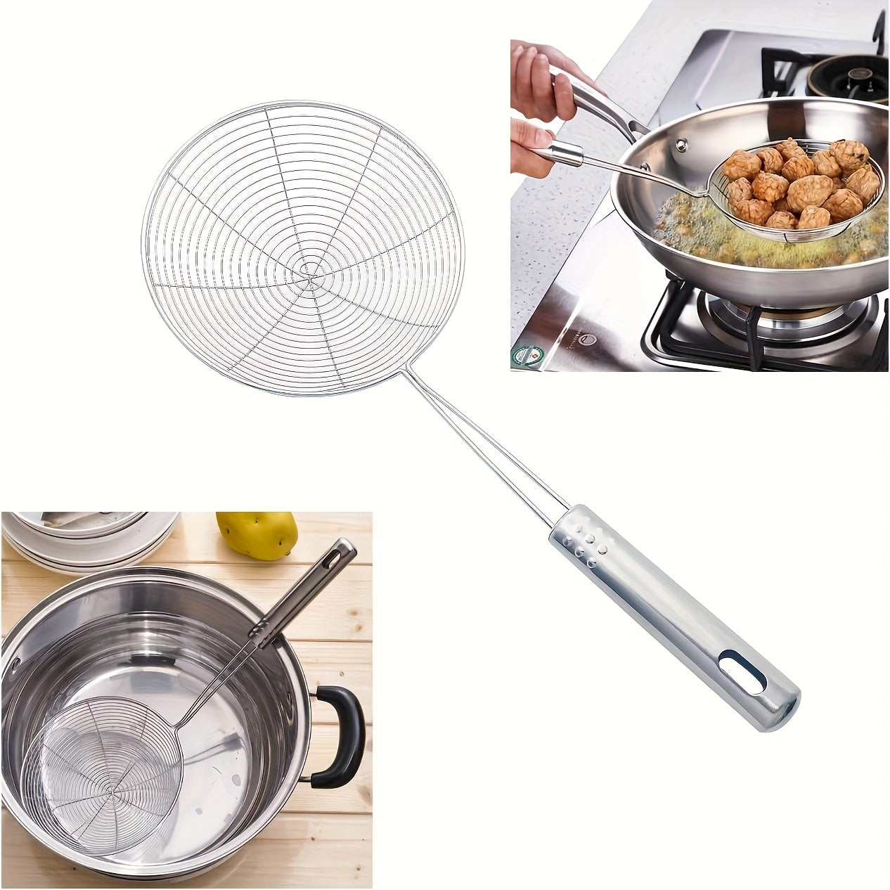 1pc Cesta Coladora de Acero Inoxidable con Mango Reforzado y Doble Gancho para Freír, Adecuada para Restaurante y Uso Doméstico