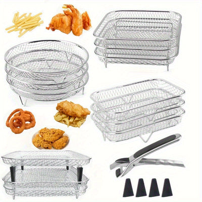 Juego de 8 piezas de accesorios para freidor de aire de acero inoxidable: soporte pila, pinzas y almohadillas de altura - Adecuado para cocinar saludable y deshidratar en freidor de aire de dos cestas, soporte de tres capas para freidor de aire, lavavaji