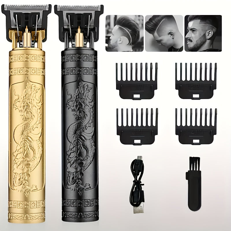 Juego de cortador de pelo profesional y afeitadora de barba, diseño dorado y negro, batería de litio recargable, kit de cortador de pelo eléctrico inalámbrico con carga USB y 4 peines indicadores, adecuado para el cuidado personal de hombres.