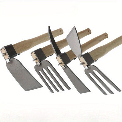Hacha de doble cara de gran resistencia con mango de madera - Ideal para plantar flores y verduras, jardinería en casa y proyectos de arte | Cabeza de metal robusta, dientes afilados, herramienta de jardinería