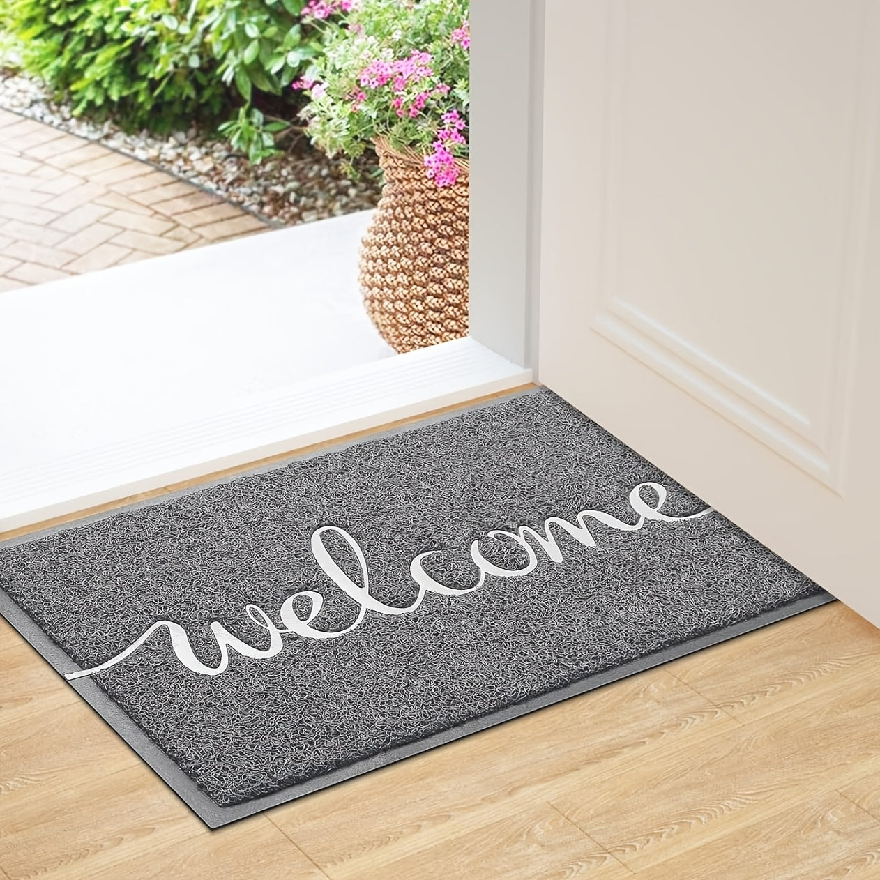 1 pza. tapete de entrada con mensaje hola/bienvenido, antideslizante, absorbente, lavable a máquina, rectangular, de polipropileno, para interior/exterior, garaje, entrada, patio, resistente a suciedad y lodo, fácil de limpiar, color gris