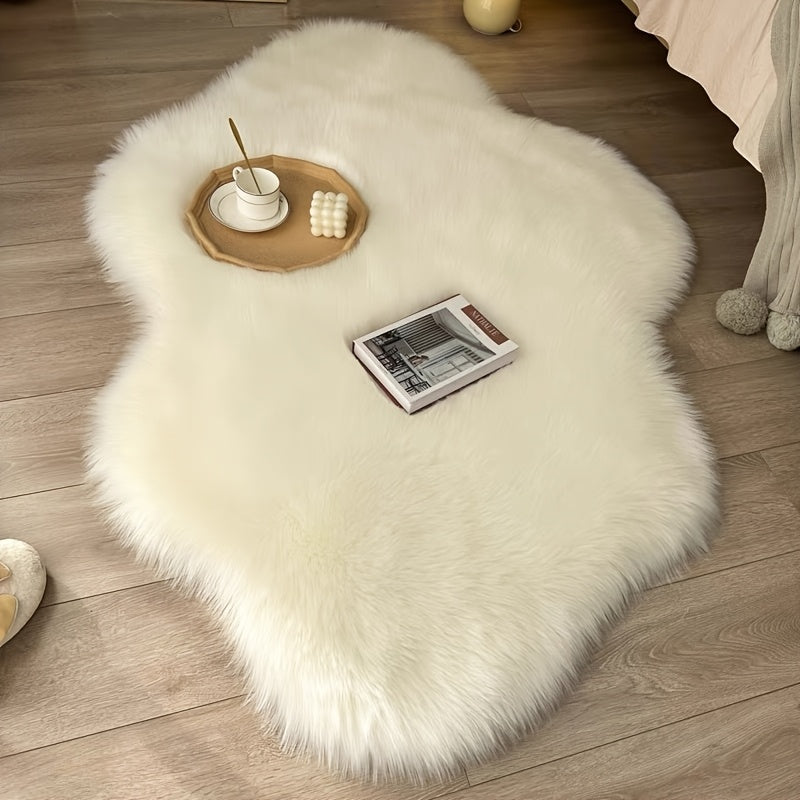 Alfombra acrílica de piel de oveja falsa suave, lavable a máquina, antideslizante, forma irregular de nube, pelo medio, cálida y suave para decoración de dormitorio o sala, respaldo de PVC, color sólido