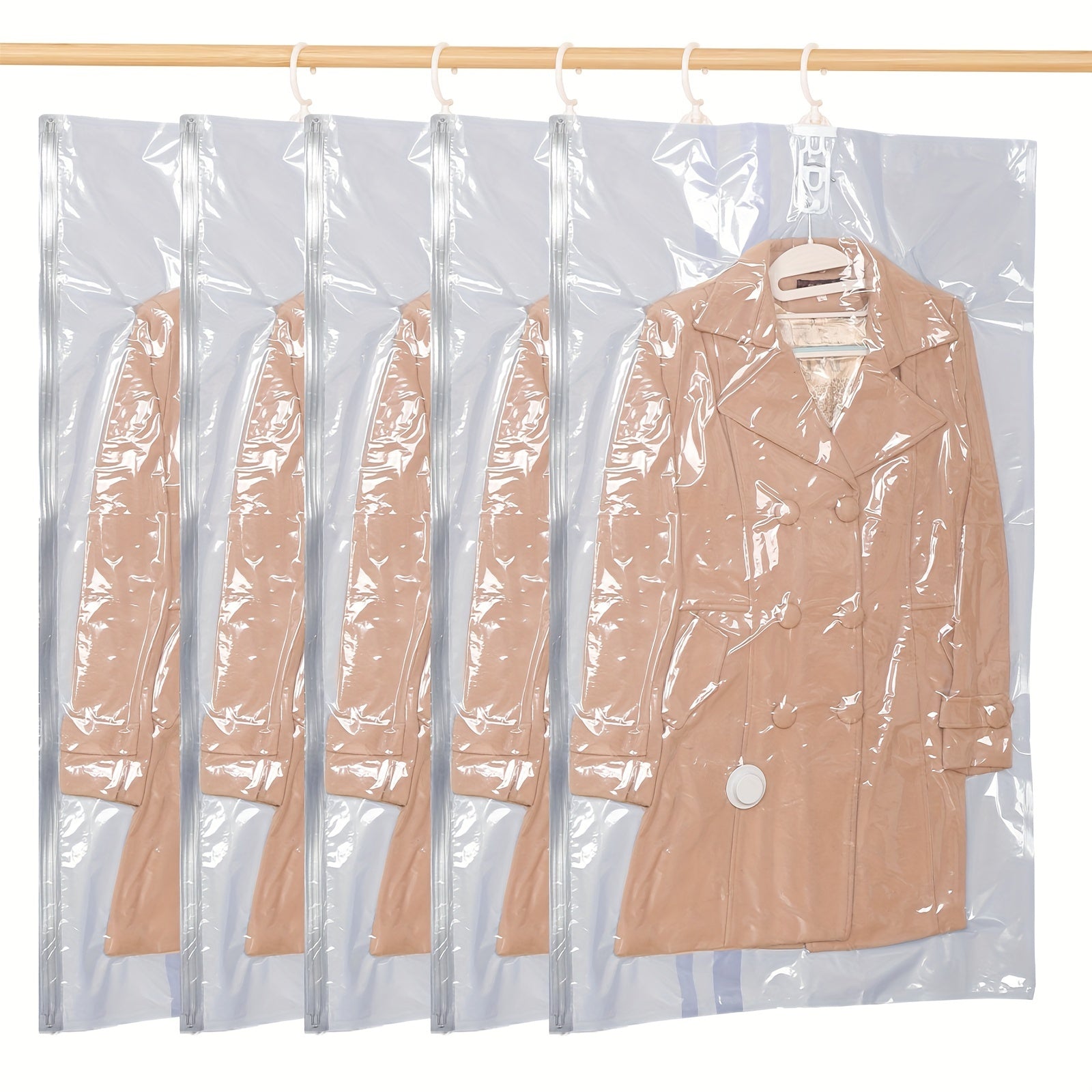 Bolsas de almacenamiento de vacío colgantes de 5 piezas, bolsas de ropa de plástico rectangular multipropósito con cierre de cremallera para abrigos de invierno, trajes, chaquetas y chaquetas de plumón - Organizador de armario ahorrador de espacio, no ne