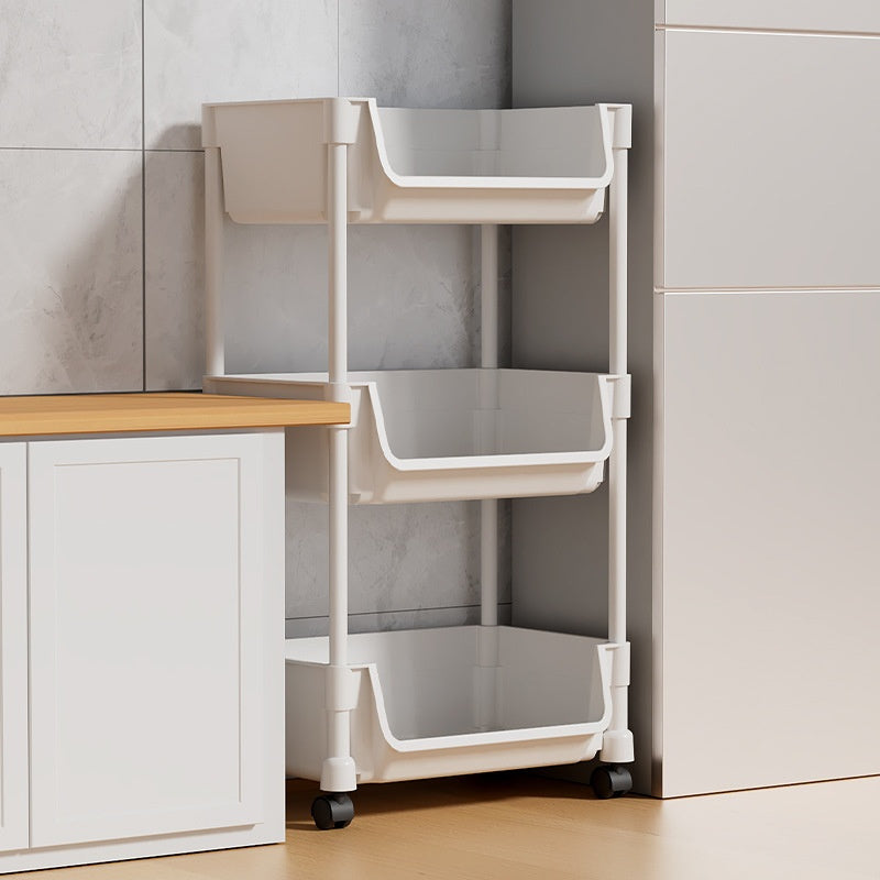 Un carro de almacenamiento de cocina con ruedas disponible en 1, 2, 3, 4 o 5 niveles, adecuado para optimizar el espacio y el almacenamiento en cocinas, salas de estar, dormitorios y dormitorios; presenta una apariencia limpia.