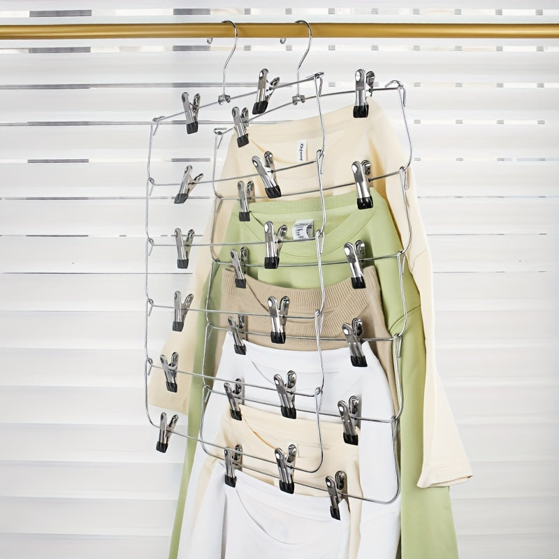 Percha Plegable de Acero Inoxidable de 6 Capas - Organizador de Ropa Multinivel para Ahorrar Espacio en Armario y Guardarropa, Sujeta Jeans, Faldas y Más