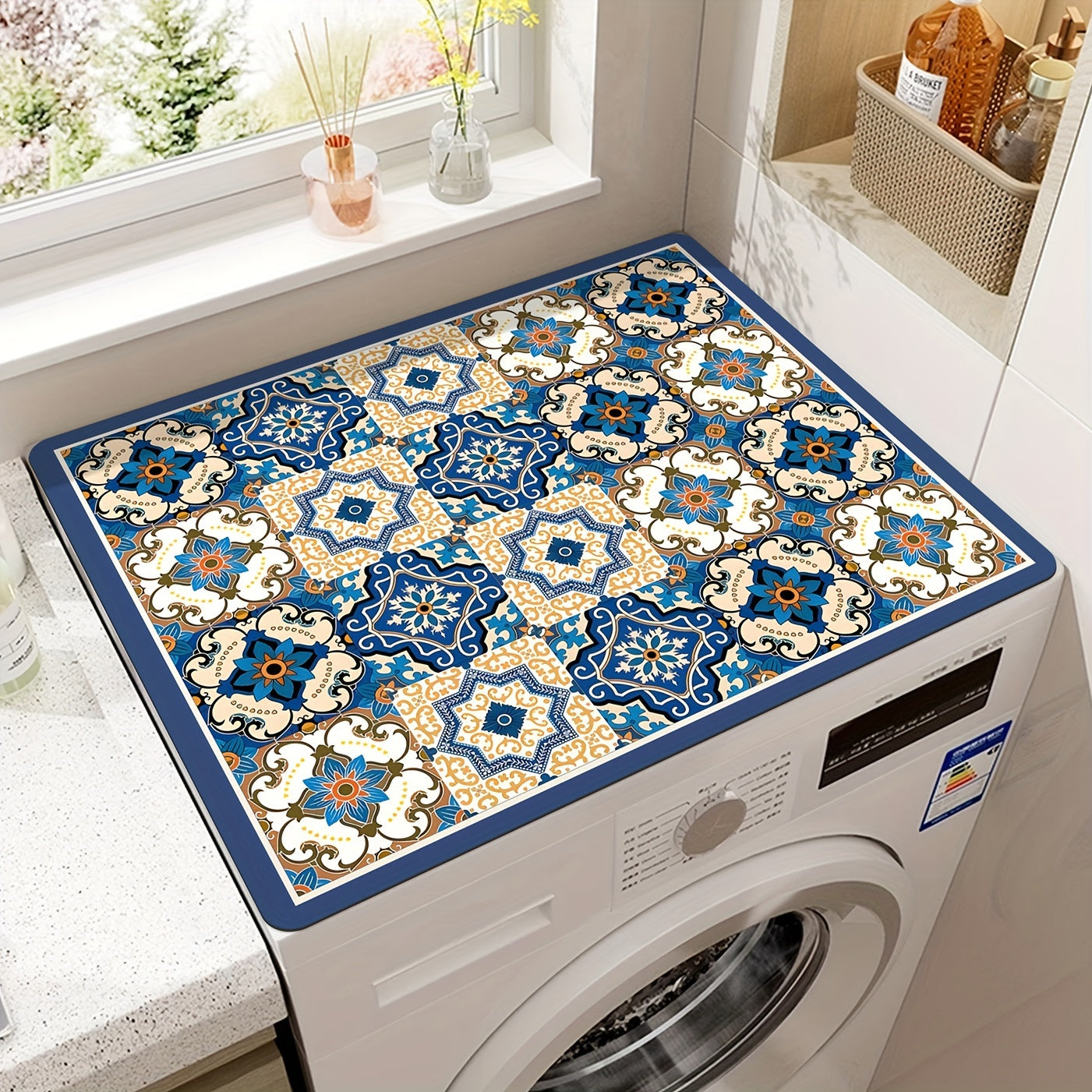 1 pieza de tapa de lavadora de mosaico vintage, duradera, hecha de diatomeas, 15,75" x 19,69", con patrón floral colorido, ideal para decorar la cocina o el cuarto de lavado, tapa decorativa de electrodoméstico|Estilo retro|Material de diatomeas