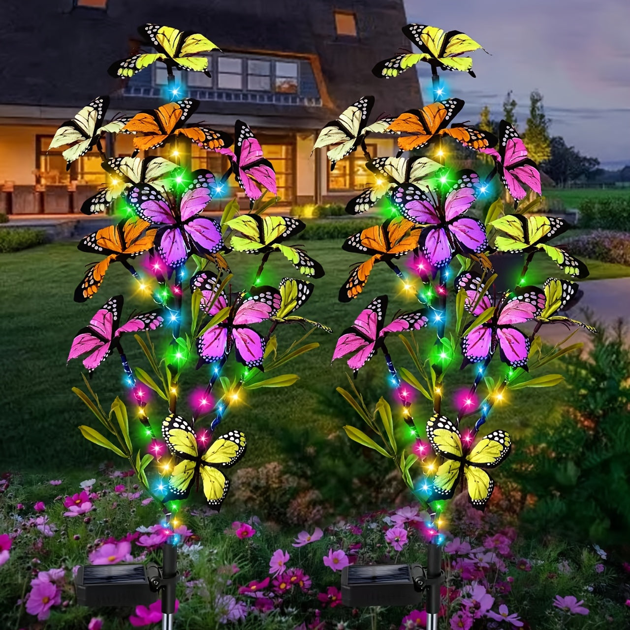 Árbol de mariposas solar nuevo, decoración exterior para jardín, césped y patio, luces solares para exteriores, multicolor. Se carga con la luz del sol durante el día y se enciende automáticamente por la noche, un gran regalo para seres queridos y amigos