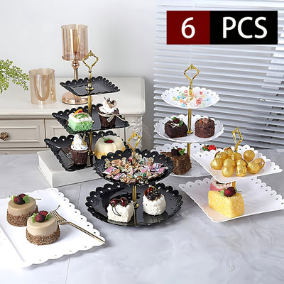 Juego de 6 piezas con 2 bases para cupcakes de 3 niveles, 2 bases para pasteles de 2 niveles y 2 bandejas - Set de repisa para postres en blanco/negro, ideal para cumpleaños, regalos para novias, fiestas, bodas, reuniones de té y buffets