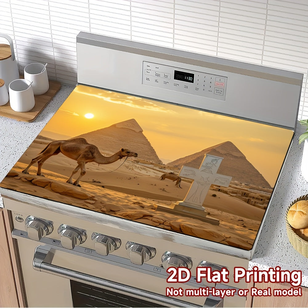 2D Plano, 1 Pieza, Diseño de Camello y Pirámide para Protector de Cubierta de Horno - Impresión 2D Plana, Poliéster, Fácil de Limpiar, Almohadilla de Cocina Multiusos para Estufa, Lavadora, Secadora, Drenaje de Cubiertos, Alfombra Decorativa, Cubierta de