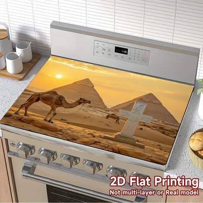 2D Plano, 1 Pieza, Diseño de Camello y Pirámide para Protector de Cubierta de Horno - Impresión 2D Plana, Poliéster, Fácil de Limpiar, Almohadilla de Cocina Multiusos para Estufa, Lavadora, Secadora, Drenaje de Cubiertos, Alfombra Decorativa, Cubierta de