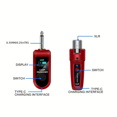 Adaptador transmisor receptor inalámbrico para micrófonos dinámicos [Sistema inalámbrico para micrófonos dinámicos], sistema de micrófono inalámbrico con adaptador transmisor receptor XLR, compatible con sistema XLR, conector de 6.35 mm, recargable por U