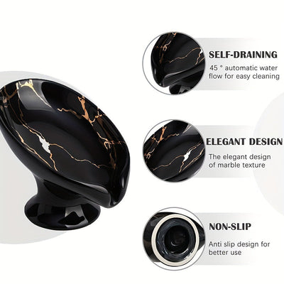 1pc Elegante Jabonera de Cerámica con Patrón de Mármol y Función de Auto-Drenaje - Forma de Hoja, Fácil de Limpiar, Mantiene el Jabón Seco y Elegante para la Decoración del Baño