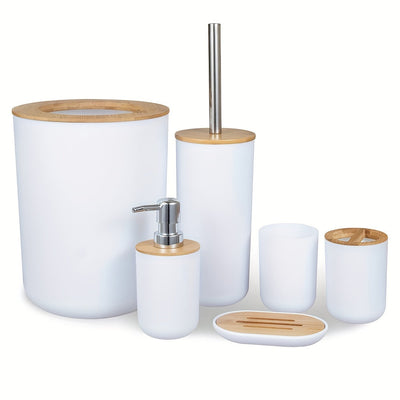 1 Juegos De 6 Piezas, Accesorios De Baño De Plástico, Con Cepillo De Inodoro, Dispensador De Jabón, Papelera, Portacepillos De Dientes, Vaso Para Cepillos De Dientes, Jabonera, Kit De Baño Práctico Para El Hogar Baño