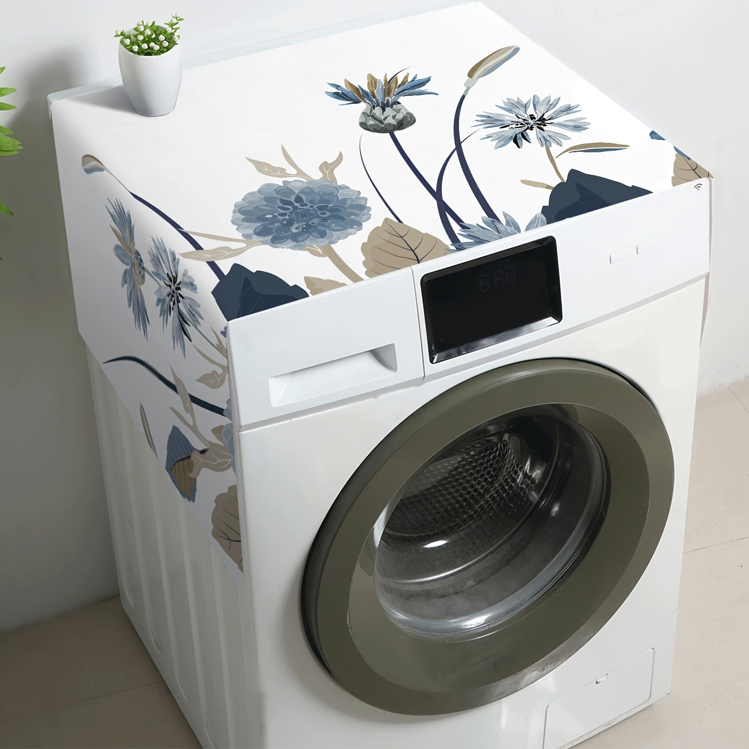 1pc Funda para Lavadora y Secadora con Estampado Floral - Azul/Beige, Protector de Polvo Lavable con Diseño Elegante, Tela Duradera, Apta para la Mayoría de Modelos Estándar, Cubierta Protectora para Electrodomésticos | Decoración Inspirada en la Natural