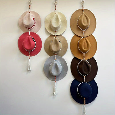 Colgador de sombreros de macramé ajustable estilo boho chic - Tejido a mano y madera de pino, perchero de pared para sombreros de ala ancha, vaqueros y fedoras - Organizador ahorrador de espacio con detalles de borlas, fácil instalación sin herramientas