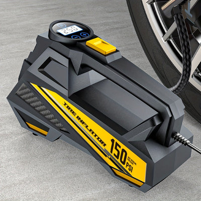 Inflador de neumáticos digital CaRSun, compresor de aire portátil con luz LED para coches, motocicletas, bicicletas - DC 12V, 150 PSI, diseño negro y amarillo, alimentación por enchufe, no requiere batería, inflador de neumáticos para bicicletas | Diseño
