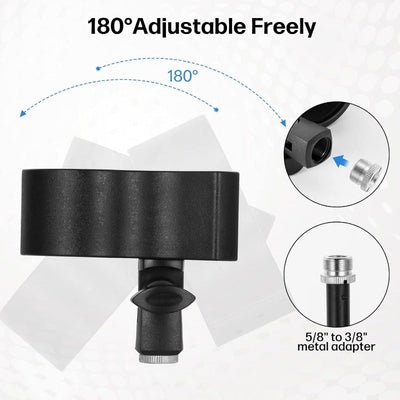 Clip de micrófono NEWKS - Soporte de micrófono ajustable y duradero de ABS para micrófonos de diámetro 32mm-60mm, con adaptador masculino de 5/8" a femenino de 3/8", ideal para grabación y transmisión, podcasting y uso profesional.