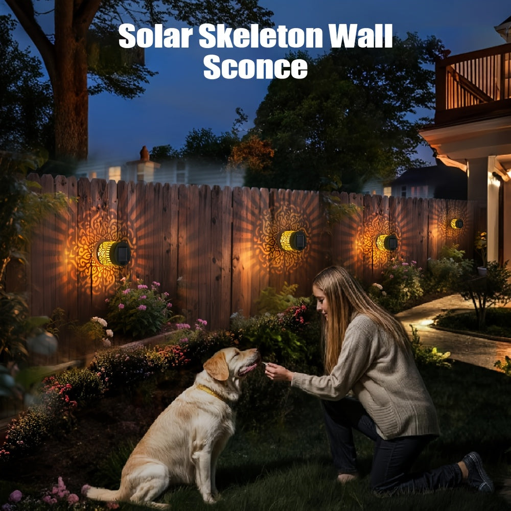 2 luces de pared huecas alimentadas por energía solar - Diseño de girasol y mandala, luces decorativas de jardín al aire libre de montaje semienterrado con sensor de luz, fijo de metal recargable para patio, jardín o porche, decoraciones solares al aire
