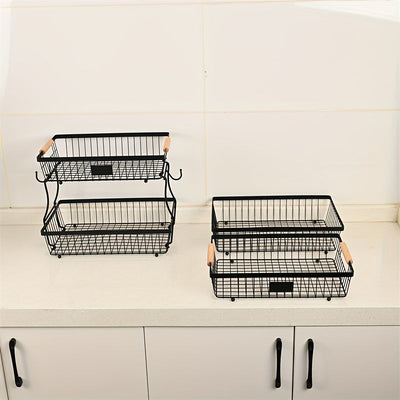 Cesta de frutas de 2 niveles con ganchos para plátanos - Estante de almacenamiento de alambre negro duradero para encimera de cocina, perfecto para frutas, verduras, snacks, café, cuidado de la piel y toallas, solución de almacenamiento de cocina | Acces