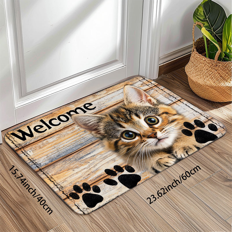 1pc Encantador Alfombrilla de Bienvenida de Gatito, 8mm de grosor de esponja suave, lavable en máquina, alfombra de poliéster antideslizante para interior para cocina, baño, sala de estar, dormitorio - Alfombra decorativa para interior