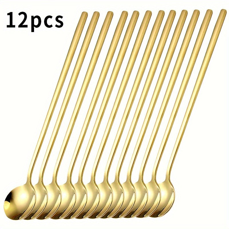 12 cucharitas de acero inoxidable dorado con mango largo, para espresso, té, postres, chocolate caliente, té helado y latte, ideales para restaurantes, cafeterías y bares