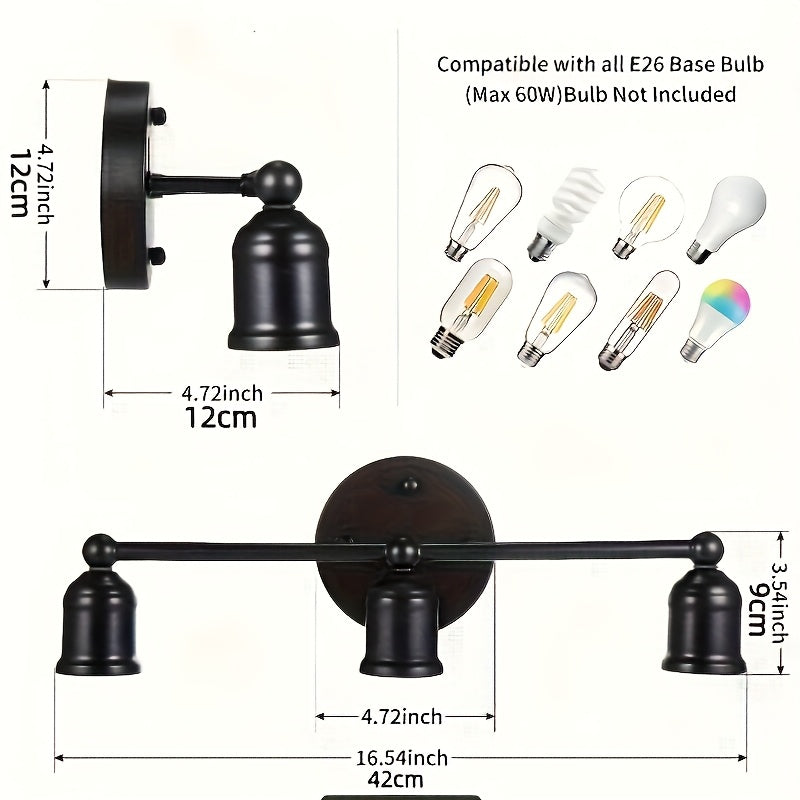 1pc Lámpara de Escritorio Moderna con 3 Luces, Luz de Pared para Baño Negra, Lámpara Retro para Cocina, Dormitorio y Sala de Estar (Bombillas No Incluidas)