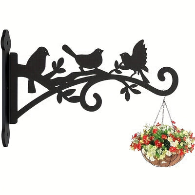 2 piezas de colgadores de plantas de metal negro con diseño de 3 pájaros y hojas - Ganchos de montaje en pared de alta resistencia para canastas de flores al aire libre, luces solares, comederos de pájaros - Instalación fácil, no se necesita batería, col