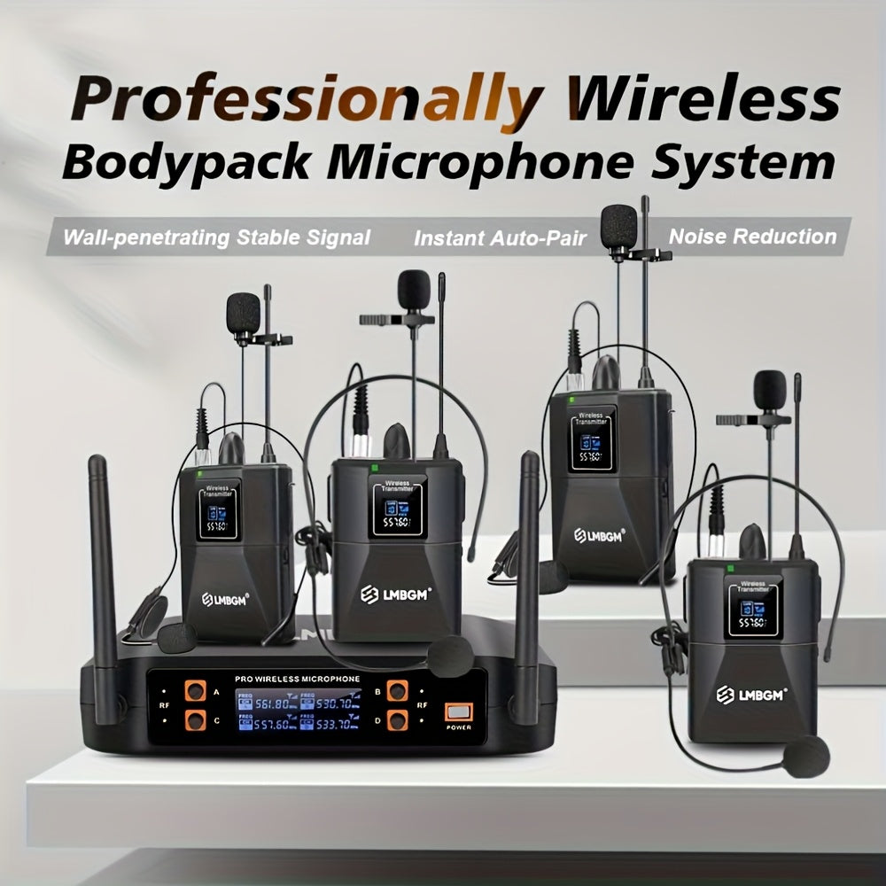 Sistema de micrófono inalámbrico LMBGM Pro 4 canales 4 Bodypacks Lavalier 4 Micrófonos de solapa 4 Auriculares para sistema de karaoke Iglesia Hablando Conferencia Boda Fiesta.