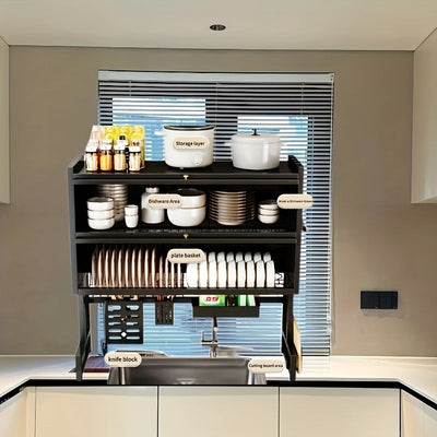 Organizador de Cocina Multifuncional con Porta Utensilios, Estante para Fregadero Antipolvo en Acero y Plástico para Platos, Tazones y Tablas de Cortar, Organizadores de Lavabo