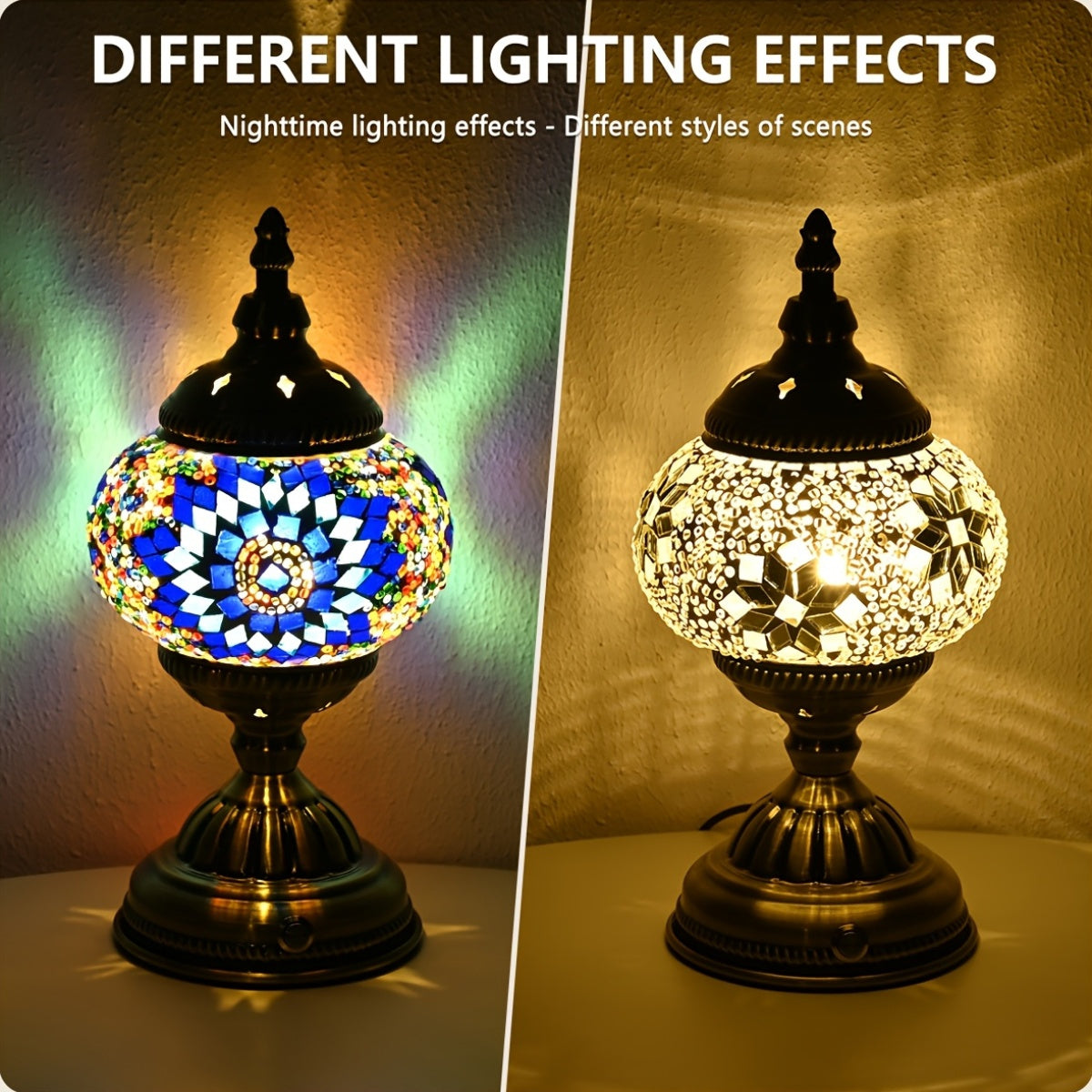 Lámpara morisca con diseño turco, base de bronce y vidrio mosaico de colores estilosos, ideal como luz de noche bohemio, decoración de dormitorio o regalo de vacaciones (incluye bombillas LED)