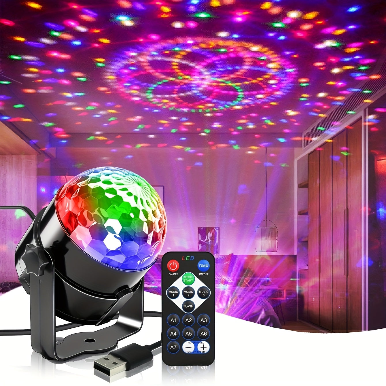 1 pieza de luz de bola de disco RGB con control remoto - LED de cambio de color controlado por voz, 7 modos, alimentado por USB, uso de mesa, ajuste de múltiples colores, interruptor de botón para decoraciones de fiestas, luz de bola de disco recargable,