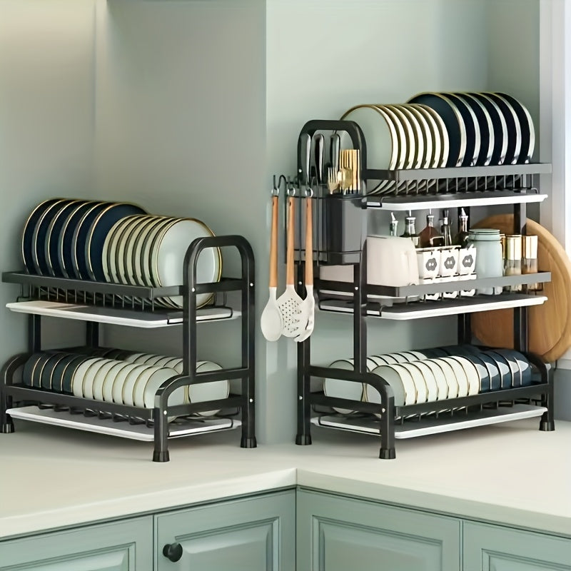 1pc Estante de Secado de Acero Inoxidable de 2 Niveles con Sistema de Drenaje, Organizador de Encimera de Gran Capacidad para Platos, Boles y Tablas de Cortar - Estantería Multifuncional para Cocina