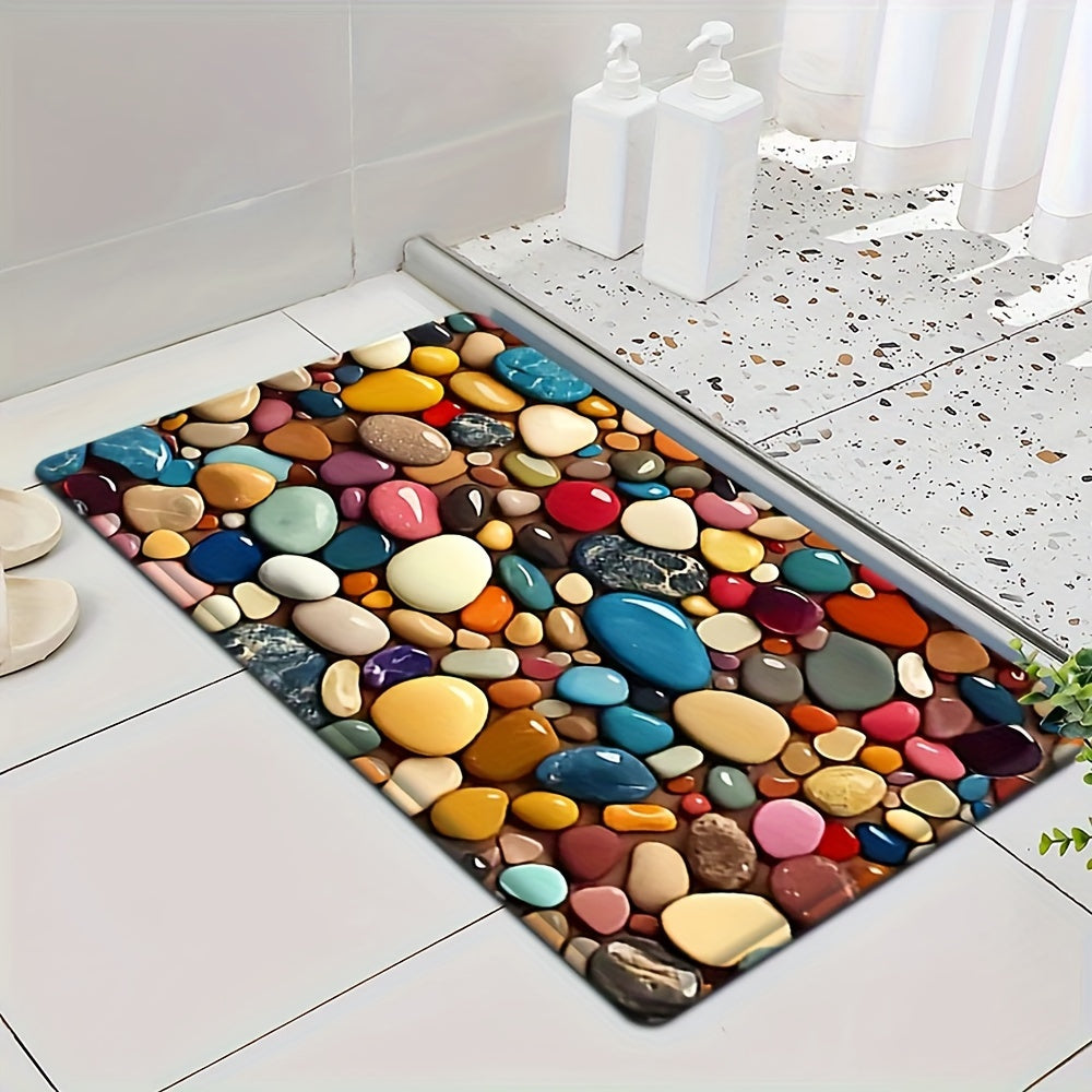 1pc Alfombra de esponja súper absorbente con patrón de guijarros coloridos, antideslizante, lavable en máquina, 100.00% poliéster. Para baño, cocina, dormitorio - Alfombra decorativa para el hogar, alfombra de baño