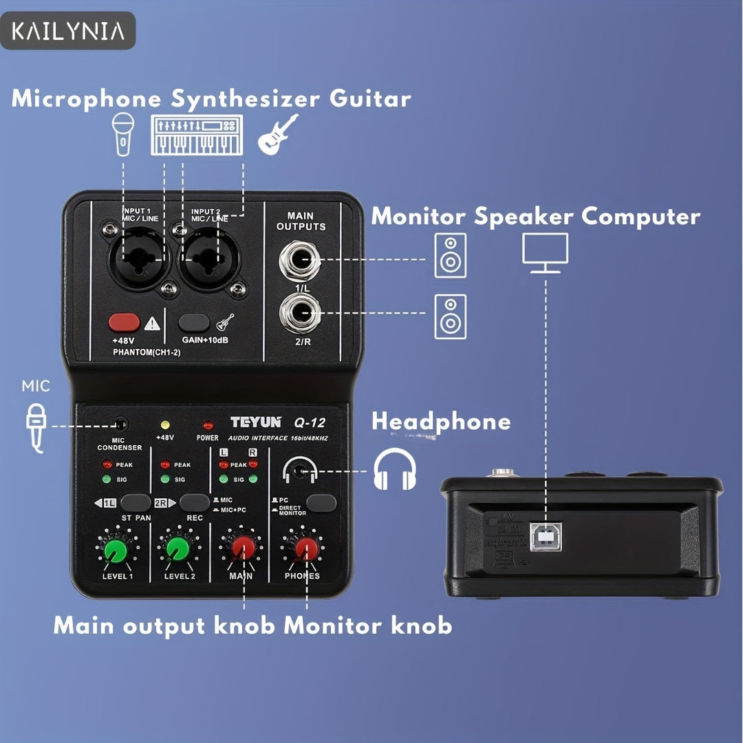 KAILYNIA Interfaz de Audio Profesional Portátil de 2 Canales con Tarjeta de Sonido y Mezclador Mini USB para Guitarra, Estudio de Grabación y Canto - , Compatible con Portátiles, Multifuncional con Control de Ganancia y Modos de Salida, Configuración de