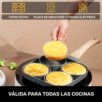 Sartén antiadherente de 4 orificios con recubrimiento de piedra Maifan - Mango de aluminio, ideal para huevos, panqueques y más - Solo lavado a mano, compatible con inducción, utensilios de cocina | Utensilios de cocina modernos | Cocina duradera