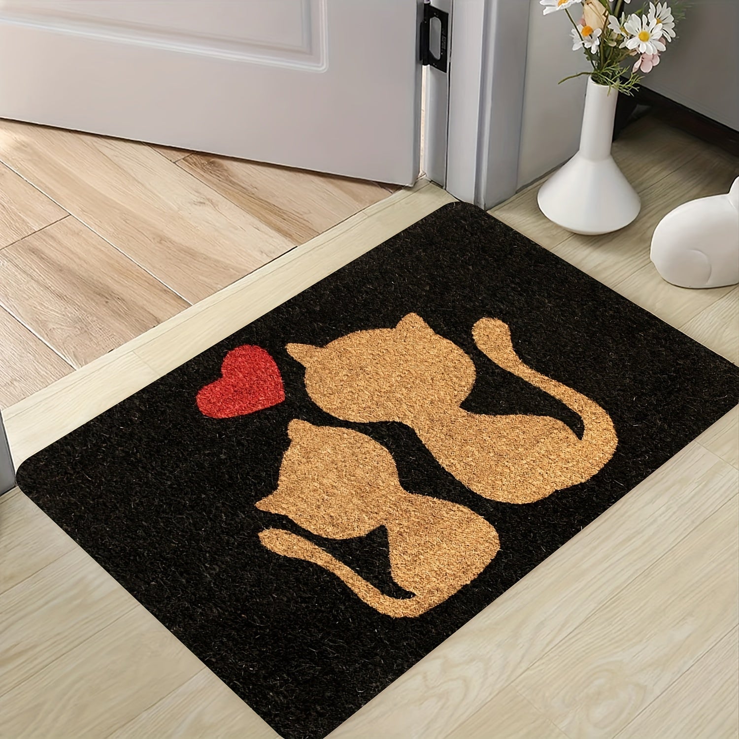 1 alfombra de entrada con silueta de gato Whisker Wonders, rectangular, de poliéster, base antideslizante de PVC, lavable a máquina, para interior/exterior, diseño con corazón