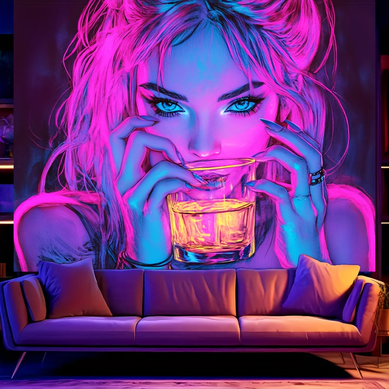 1 ud., tapiz fluorescente, patrón de arte de chica bebiendo neón 2D/Plano, decoración psicodélica para paredes, decoración multiusos para el hogar, interior y exterior, decoración de sala de estar, decoración de habitaciones, decoración para salas de jue